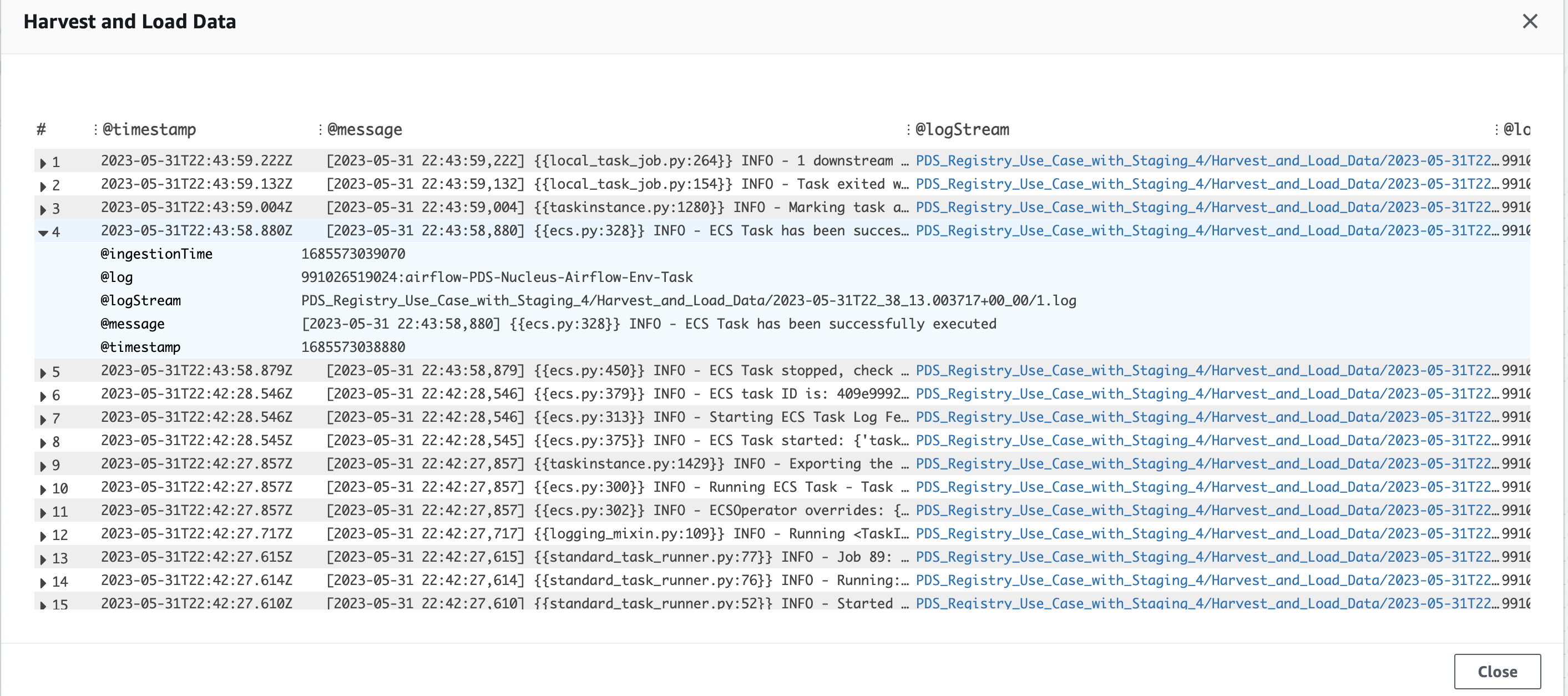 CloudWatch Dashboard Log Widget Expanded